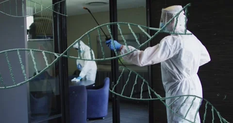 Two sanitizers per protocol using spray wand on glass, wiping seats, DNA overlay Stock Footage 323385746