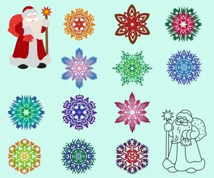 Two Santa Claus in different styles, color and contour and a set Stock Illustration