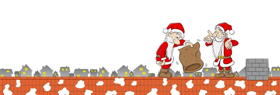 Two santa claus with empty bag on a rooftop Illustrazione stock