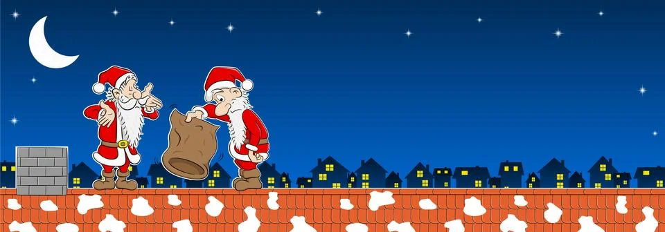 Two santa claus with empty bag on a rooftop Stock Illustration
