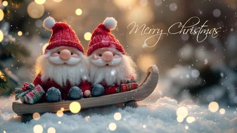Two Santa Clauses on small wooden sleighs with gifts. Merry Christmas. Stock Footage 292692015