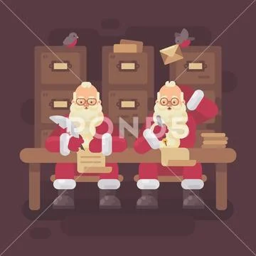 Two Santa Clauses writing letters to kids. Santa thinking of a response to a Stock Illustration