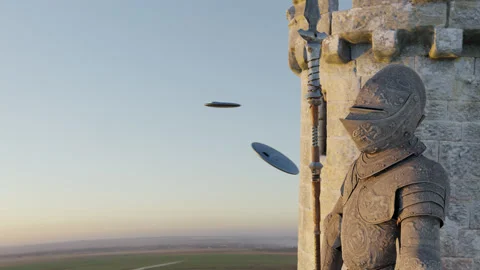 Two Saucers Flyby Castle Stock Footage 171737979