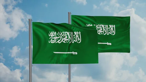 Two Saudi Arabia flags waving together in the wind on blue sky, cycle looped Video stock 244065254