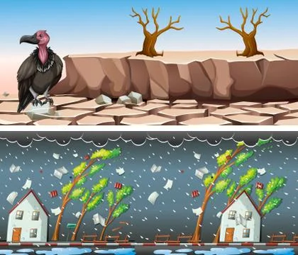 Two scenes with drought and rainstorm Stock Illustration