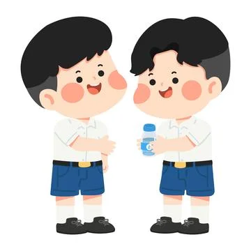Two School Boys Sharing Water Bottle 库存插图