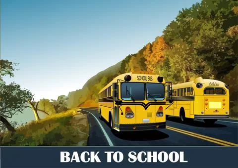 Two school buses on the road. Back to school. Vector 3d illustration Stock Illustration