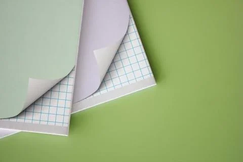 Two school notebooks on a green background. Stock Photos