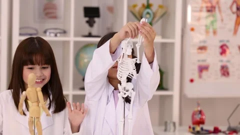 Two Schoolgirls in Lab Coats Learning Human Anatomy with Skeleton Model Stock Footage 345318120