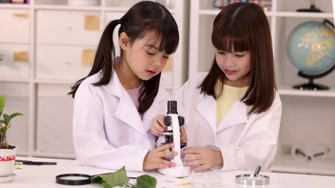 Two Schoolgirls in Lab Coats Using Microscope in Science Classroom Stock Footage 345803406