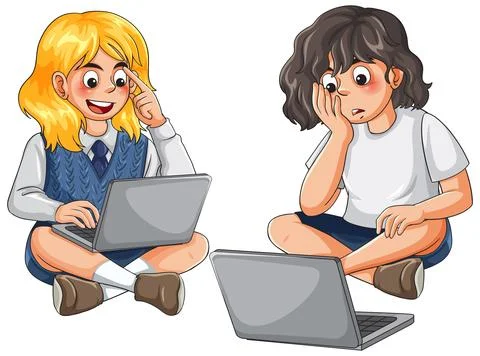 Two Schoolgirls Using Laptops While Sitting Cross Legged on White Background 스톡 일러스트