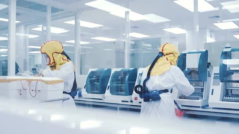 Two scientist in protective clothing working in laboratory Video stock 158531674