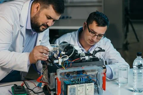 Two scientists are working on the development of a new device Stock Photos