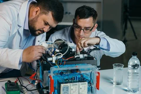 Two scientists are working on the development of a new device Stock Photos