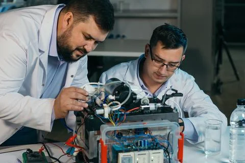 Two scientists are working on the development of a new device Stock-Fotos