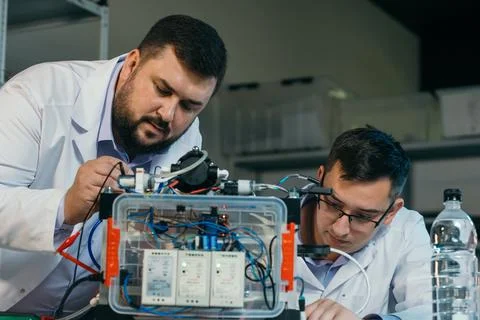 Two scientists are working on the development of a new device Stock-Fotos