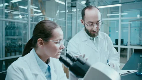 Two Scientists Conducting Research and Writing Findings in Laboratory Stockbeeldmateriaal 331337662