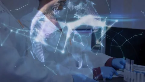 Two scientists handling vial, selecting sample and creating hologram spurring Stock Footage 330509343