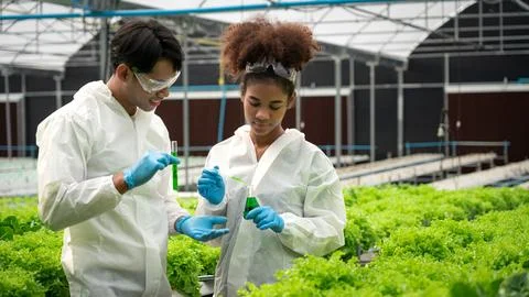 Two scientists holding beaker and test tube of solution to researching abou.. Stock Photos