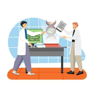 Two scientists in lab coats studying genes, dna structure, flat vector イラスト素材