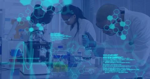 Two scientists pipetting samples at science lab bench, hex overlay appearing and Stock Photos