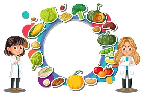 Two Scientists Presenting Healthy Vegetables and Fruits Circle Stock Illustration