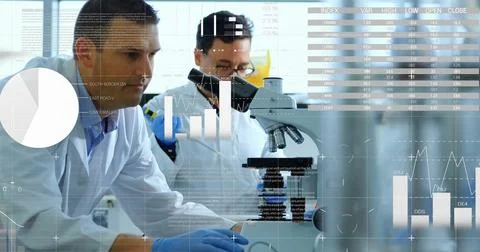 Two scientists in white lab coats and gloves adjusting microscope at lab bench, Foto stock