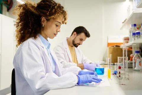 Two scientists working at a laboratory bench with test tubes and gloves Stock Photos