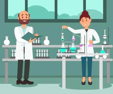 Two scientists working at laboratory. Man making notes in folder, woman doing Illustrazione stock