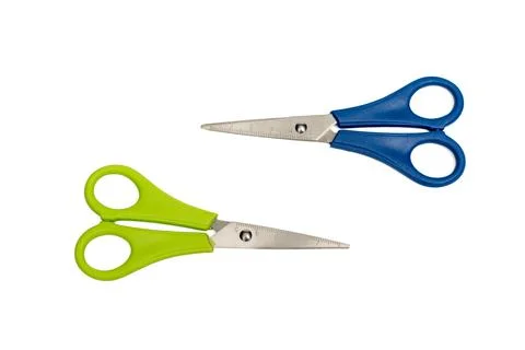 Two scissors, one green and one blue Stock Photos