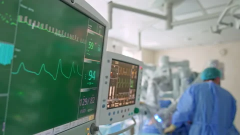 Two screen working at surgery room and showing diverse parameters. Stock Footage 212420751