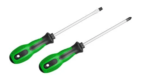 Two Screwdrivers Flat and Phillips with Ergonomic Handles Set Green color o.. Stock Photos