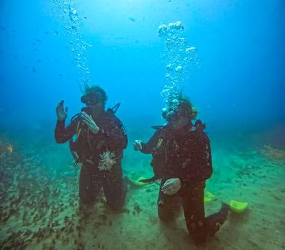 Two scuba divers explore the underwater world on the ocean floor Stock Photos