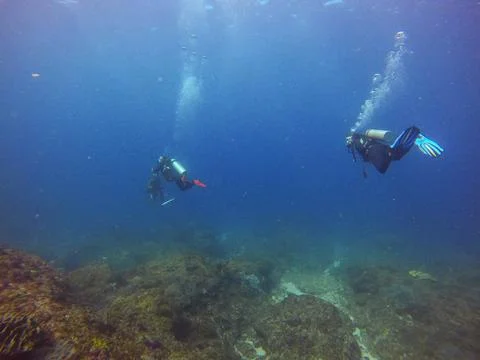 Two Scuba Divers Exploring Rocky Underwater Reef Stock-Fotos