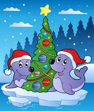 Two seals with Christmas tree Stock Illustration