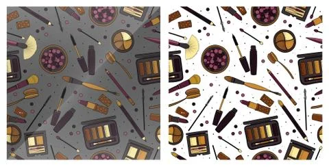 Two seamless pattern with decorative cosmetics, hand drawn style. Stock Illustration
