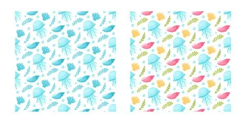 Two seamless patterns with cartoon jellyfish, shells, and seaweed. Marine theme Stock Illustration