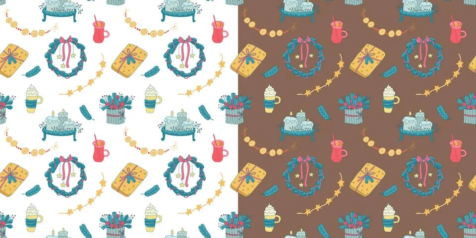 Two seamless patterns with Christmas decorations on white and brown. Stock Illustration