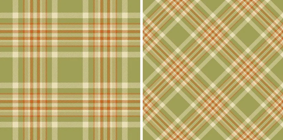 Two seamless plaid patterns in muted green, beige, and orange tones. Perfect  Stock Illustration