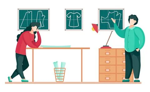 Two seamtress thinking at tailor pattern of clothes, concept of sewing shop or Stock Illustration