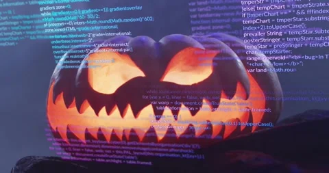 At two seconds code fading behind carved jack-o-lantern scrolling and pulsing Stock Footage 319360907