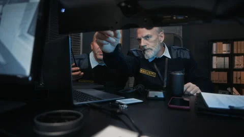 Two Security Guards Analyzing Surveillance Data in Dark Control Room Stock Footage 324042274