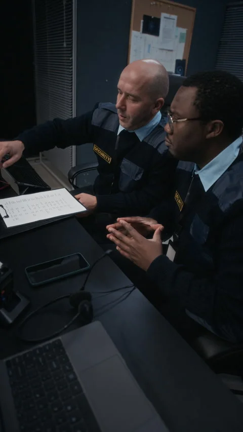 Two Security Guards Discussing Documents and Monitoring CCTV Cameras Stock Footage 324045645