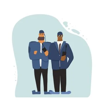 Two security guards standing with arms crossed..Watchmen with radio on white  Stock Illustration