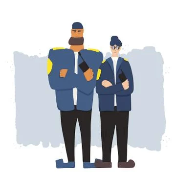 Two security guards standing with arms crossed..Watchmen with radio on white  Stock Illustration
