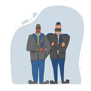 Two security guards standing with arms crossed. w.Watchmen with radio on whit 스톡 일러스트
