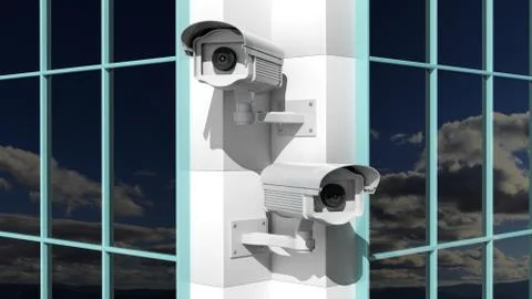 Two security surveillance cameras on skyscraper building Stock Illustration