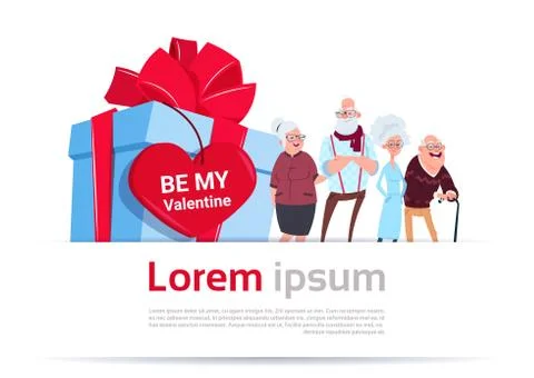 Two Senior Couples Over Gift Box With Heart Shape Tag Happy Valentines Day Ilustração Stock