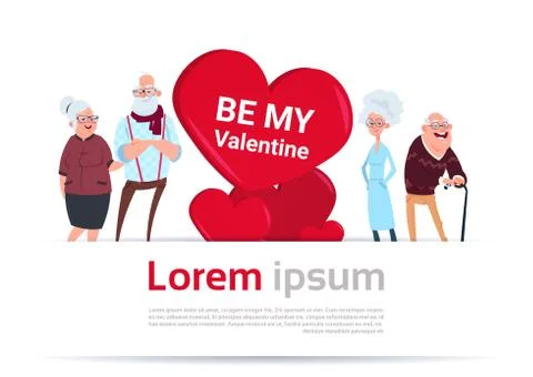 Two Senior Couples Over Heart Shape Happy Valentines Day Template Banner Ilustração Stock