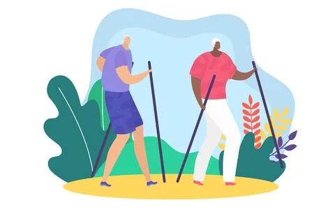 Two senior men hiking with walking sticks, one is bald, another is wearing a hat Stock Illustration